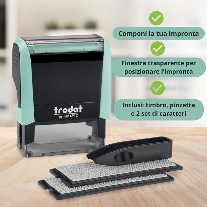 ترودات Trodat Printy 4912 التحبير الذاتي، قم بذلك بنفسك (DIY) 4 أسطر رسالة مخصصة أو مجموعة ختم عنوان مع حبر أسود الحجم: 3/4 × 1-7/8 بوصة (أخضر) - Image 2